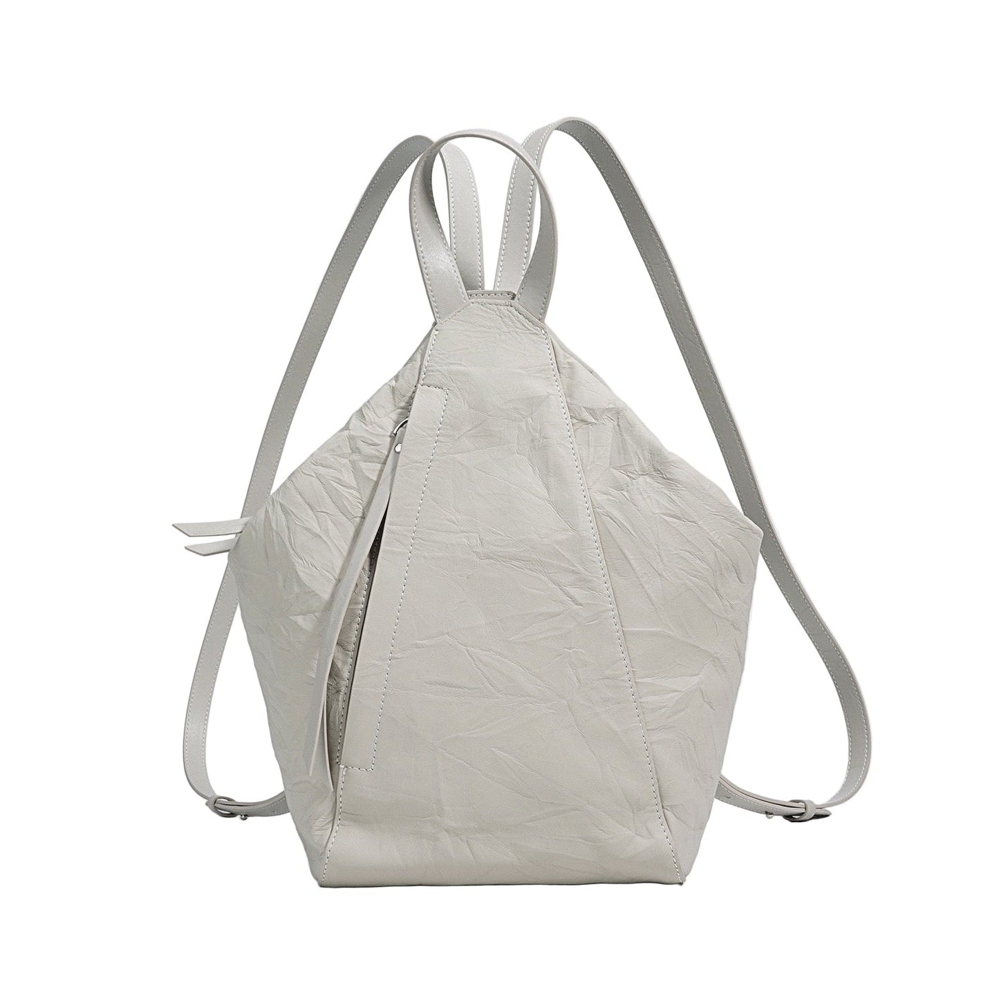 Convertible Pleated Genuine Leather Backpack in Creamy White
