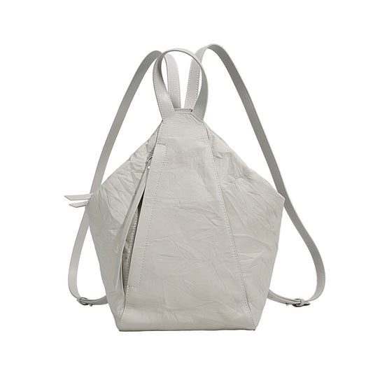 Convertible Pleated Genuine Leather Backpack in Creamy White