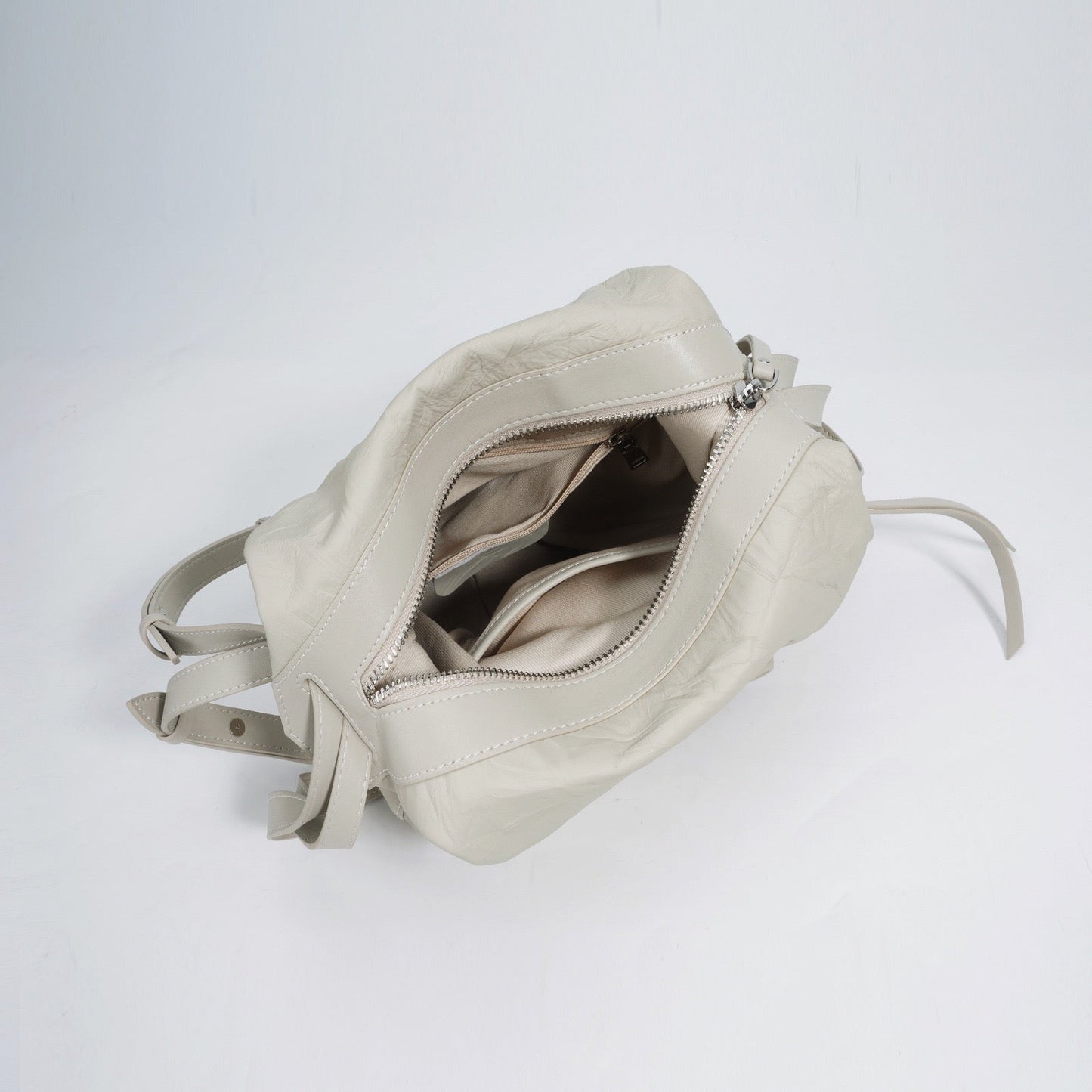 Convertible Pleated Genuine Leather Backpack in Creamy White