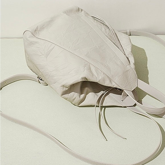 Convertible Pleated Genuine Leather Backpack in Creamy White