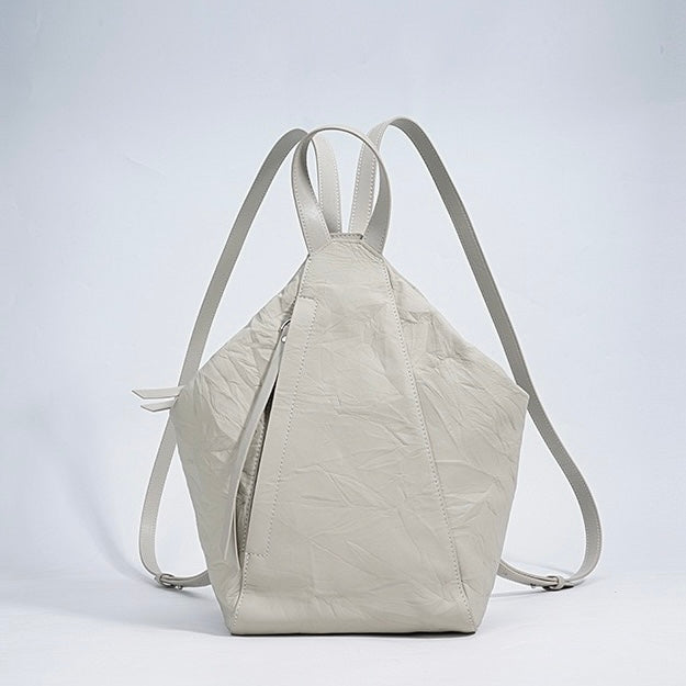Convertible Pleated Genuine Leather Backpack in Creamy White