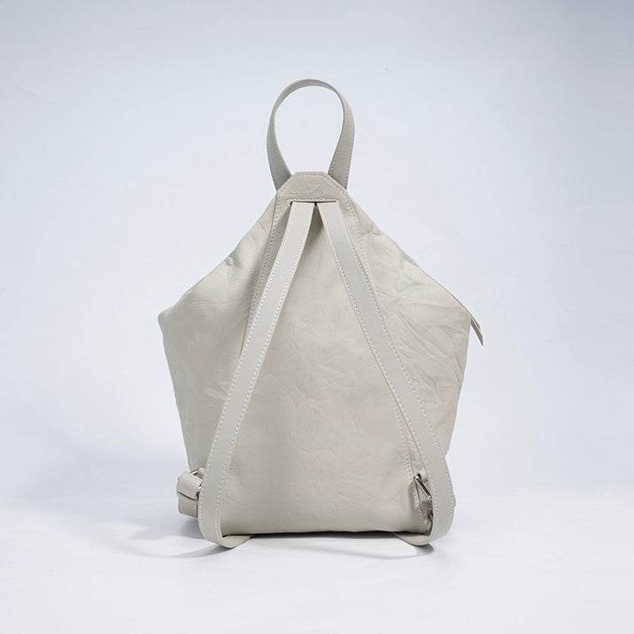 Convertible Pleated Genuine Leather Backpack in Creamy White