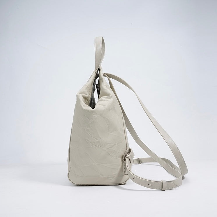 Convertible Pleated Genuine Leather Backpack in Creamy White