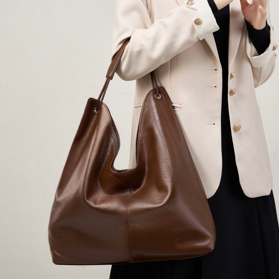 Genuine Leather Hobo Tote Bag - Large Capacity & Minimalist Design
