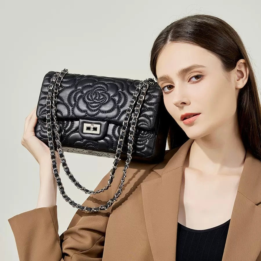 Quilted Sheepskin Camellia Chain Crossbody Bag