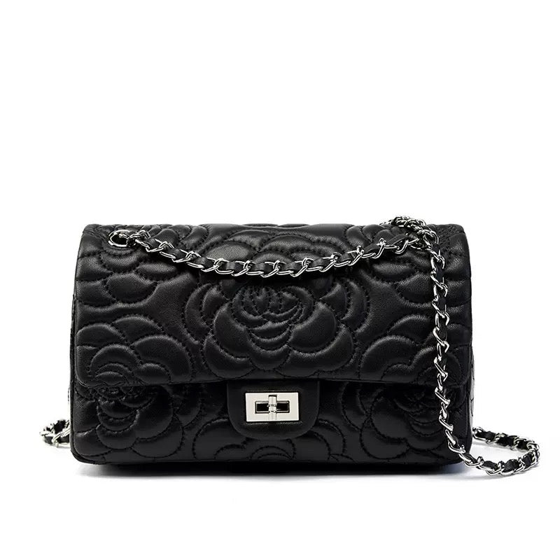 Quilted Sheepskin Camellia Chain Crossbody Bag
