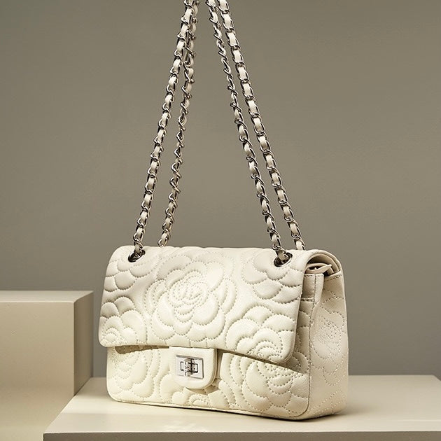 Quilted Sheepskin Camellia Chain Crossbody Bag
