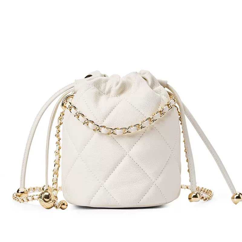 Chic Genuine Leather Bucket Bag with Elegant Chain Strap
