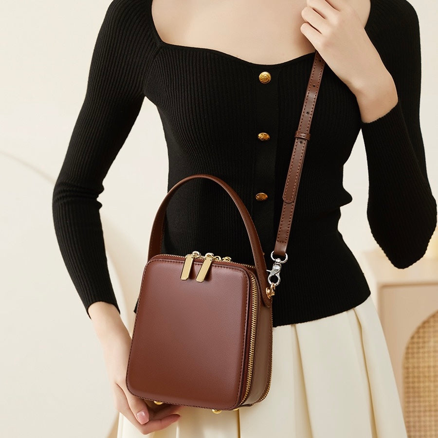 Elegant Genuine Leather Boxy Handheld Crossbody Bag for Women