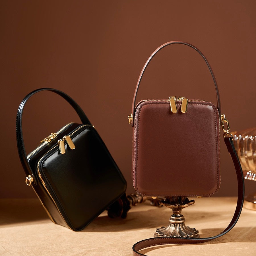 Elegant Genuine Leather Boxy Handheld Crossbody Bag for Women