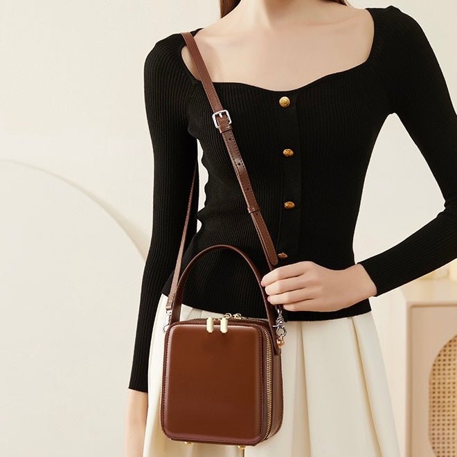 Elegant Genuine Leather Boxy Handheld Crossbody Bag for Women