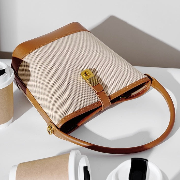 Niche Commuter Color Block Woven Shoulder Bag in Elegant Brown