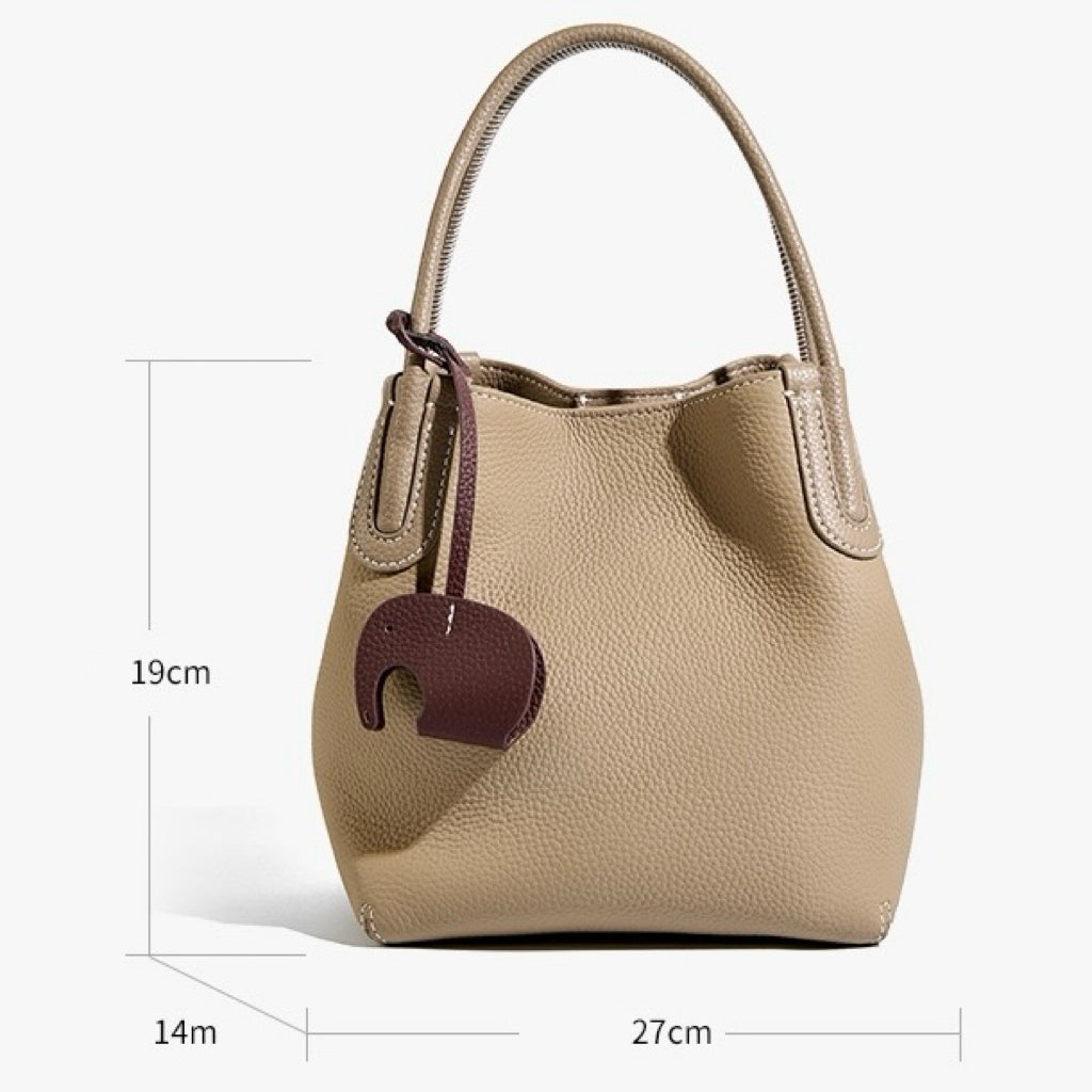 Elegant Leather Bucket Bag with Charming Elephant Pendant