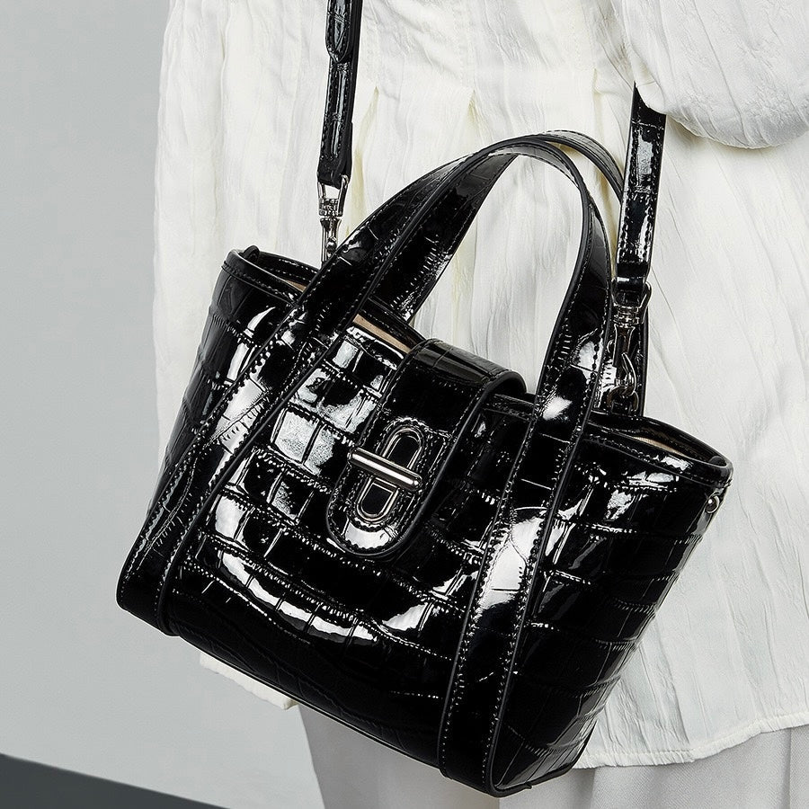 Croc-Embossed Luxury Leather Bucket Bag with Buckle Handle