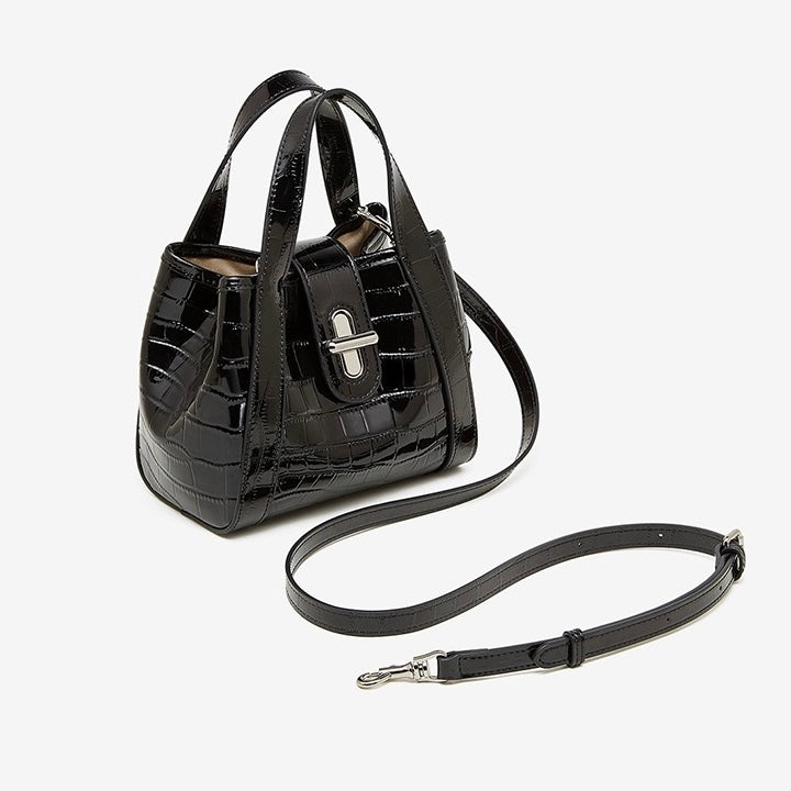 Croc-Embossed Luxury Leather Bucket Bag with Buckle Handle