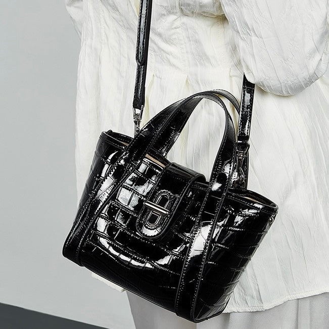 Croc-Embossed Luxury Leather Bucket Bag with Buckle Handle