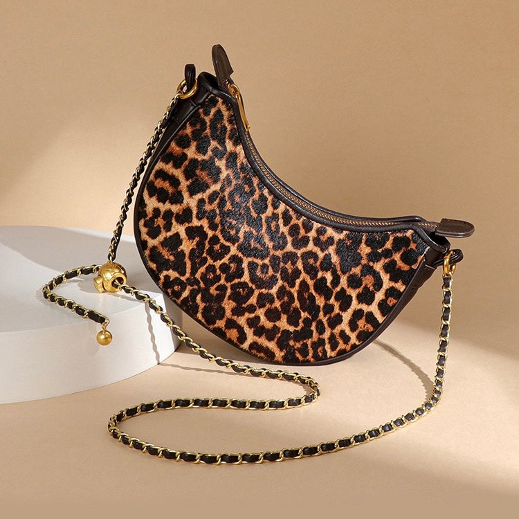 Leopard Print Genuine Leather Half Moon Crossbody Bag