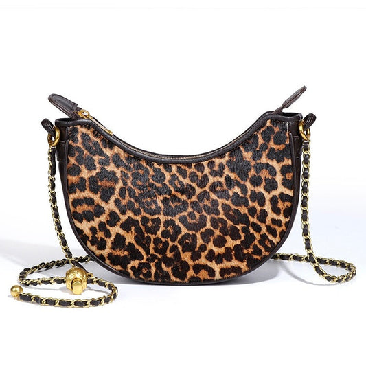 Leopard Print Genuine Leather Half Moon Crossbody Bag