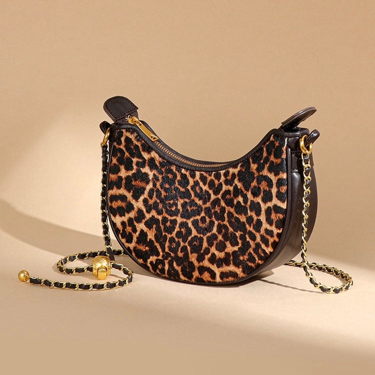 Leopard Print Genuine Leather Half Moon Crossbody Bag