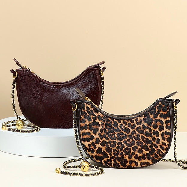 Leopard Print Genuine Leather Half Moon Crossbody Bag