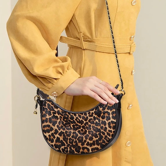 Leopard Print Genuine Leather Half Moon Crossbody Bag