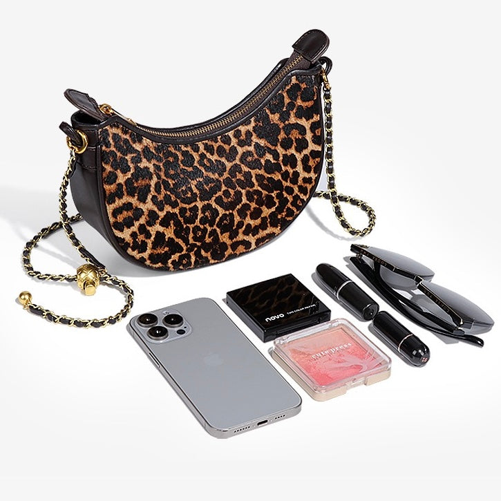 Leopard Print Genuine Leather Half Moon Crossbody Bag
