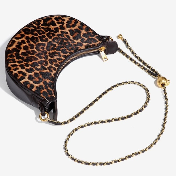 Leopard Print Genuine Leather Half Moon Crossbody Bag