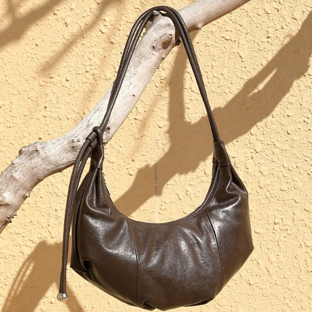 Genuine Leather Half-Moon Dumpling Handbag in Coffee and Black