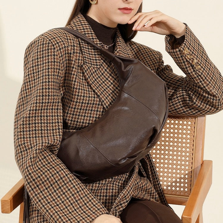 Genuine Leather Half-Moon Dumpling Handbag in Coffee and Black
