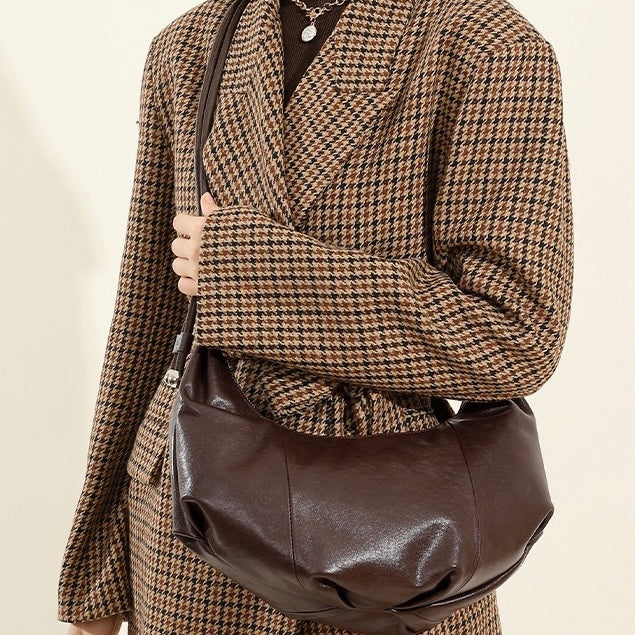 Genuine Leather Half-Moon Dumpling Handbag in Coffee and Black