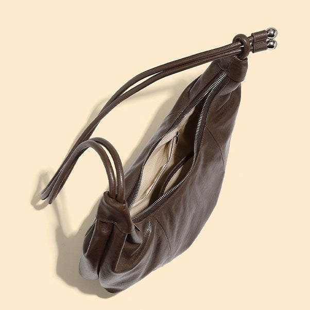 Genuine Leather Half-Moon Dumpling Handbag in Coffee and Black