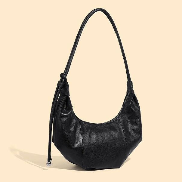 Genuine Leather Half-Moon Dumpling Handbag in Coffee and Black