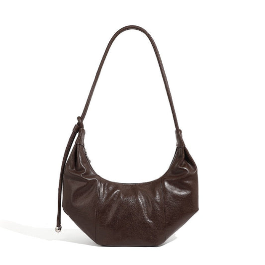 Genuine Leather Half-Moon Dumpling Handbag in Coffee and Black