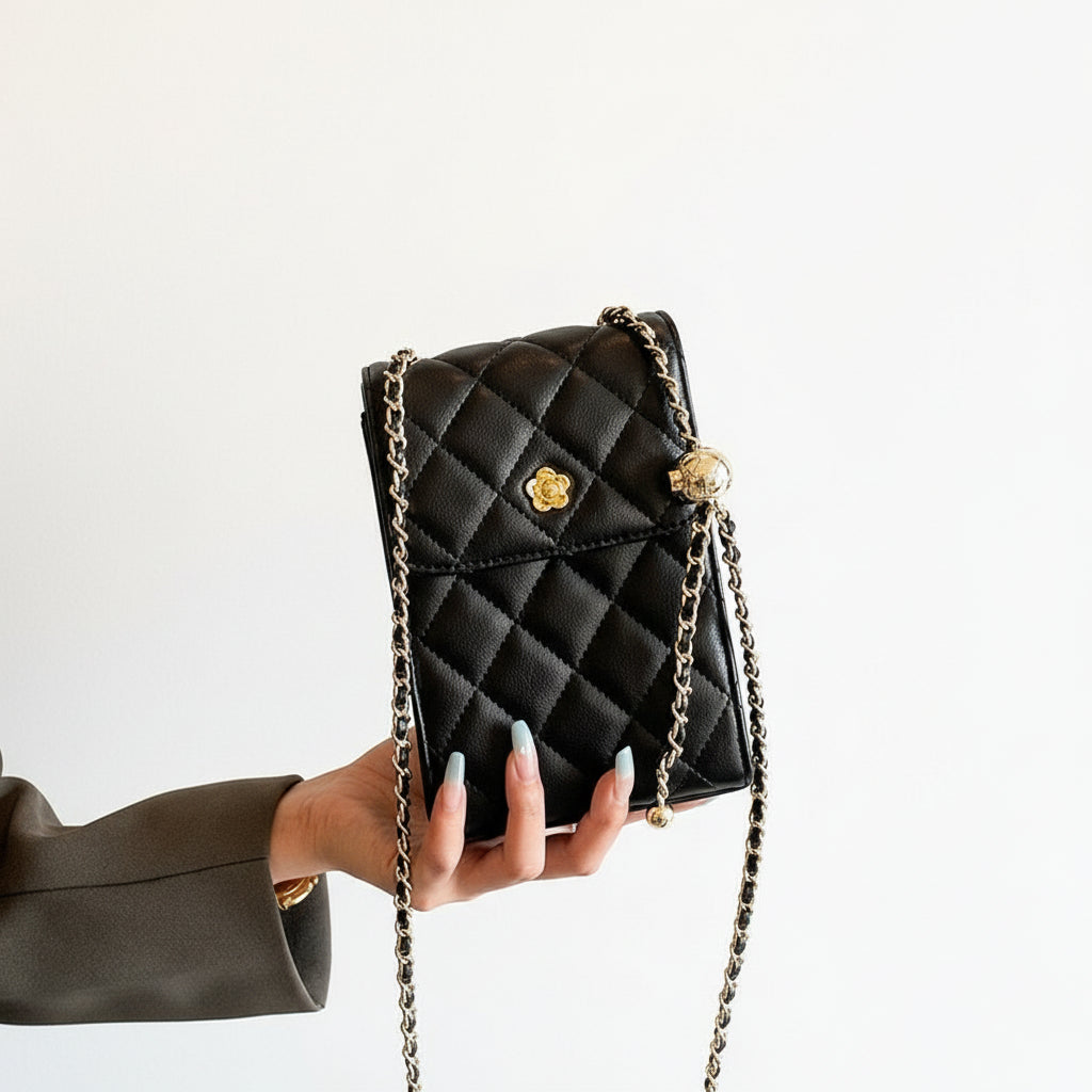 Chic Genuine Leather Mini Crossbody Phone Bag with Chain Detail