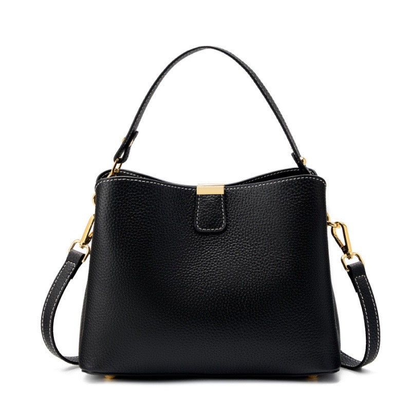 Luxury Gold-Trimmed Genuine Leather Bucket Handbag