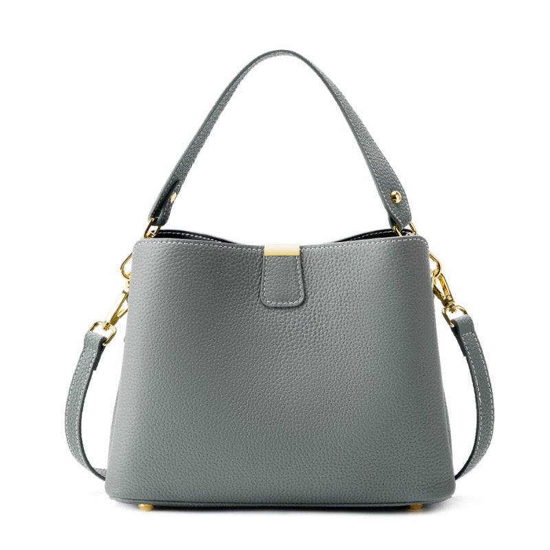 Luxury Gold-Trimmed Genuine Leather Bucket Handbag