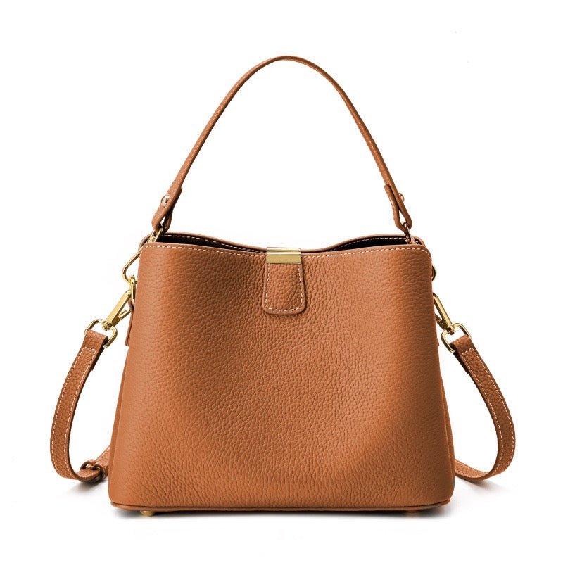 Luxury Gold-Trimmed Genuine Leather Bucket Handbag