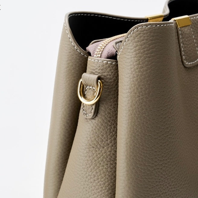 Luxury Gold-Trimmed Genuine Leather Bucket Handbag