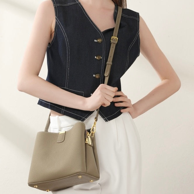 Luxury Gold-Trimmed Genuine Leather Bucket Handbag