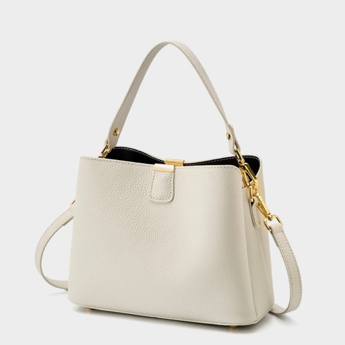 Luxury Gold-Trimmed Genuine Leather Bucket Handbag