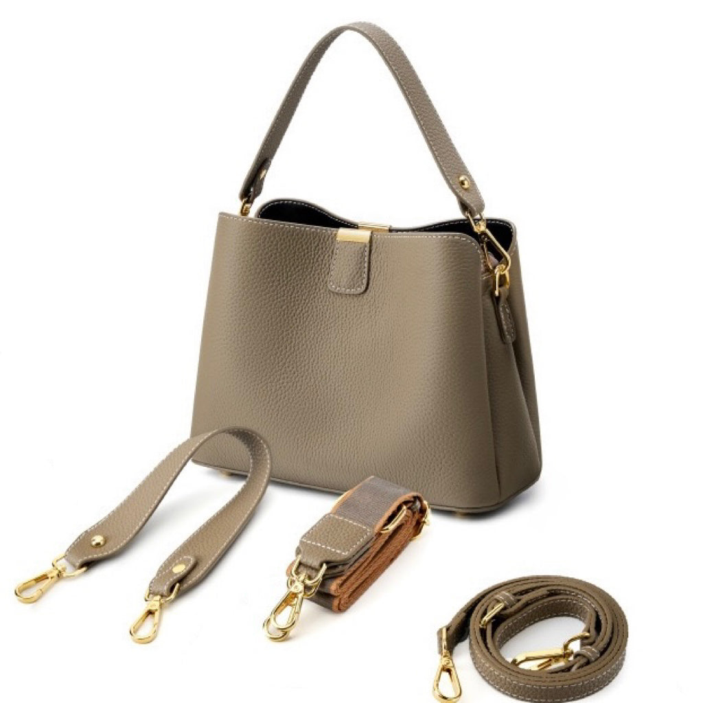 Luxury Gold-Trimmed Genuine Leather Bucket Handbag