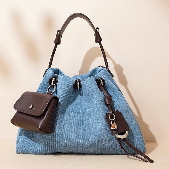 Genuine Leather and Denim Patchwork Hobo Bag
