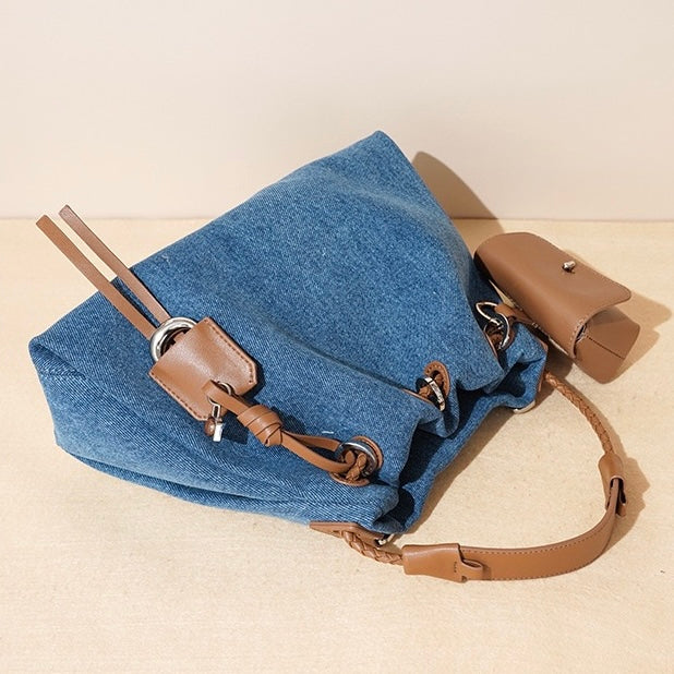 Genuine Leather and Denim Patchwork Hobo Bag