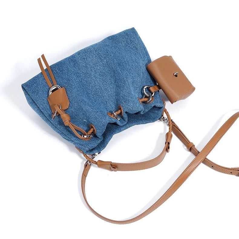 Genuine Leather and Denim Patchwork Hobo Bag