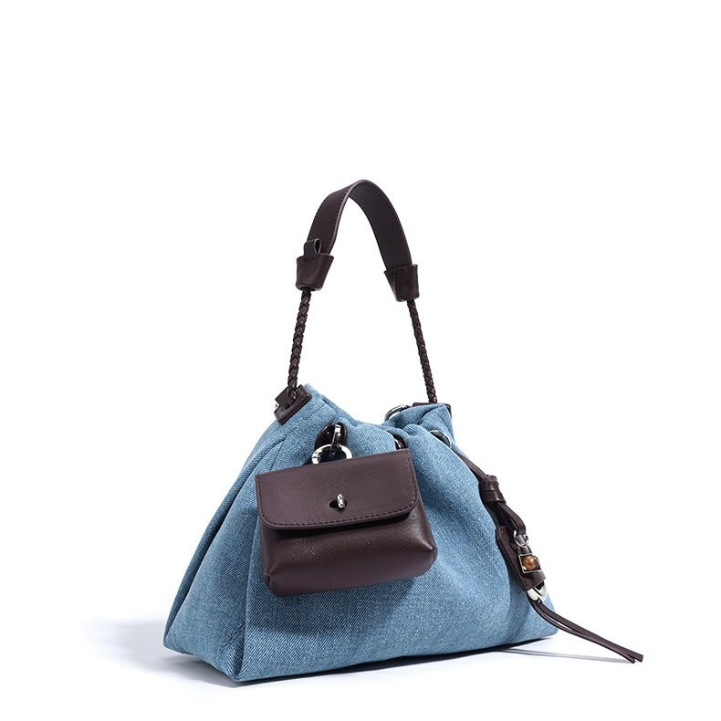 Genuine Leather and Denim Patchwork Hobo Bag