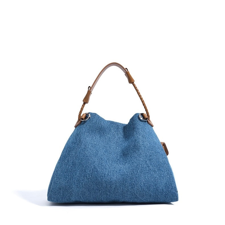 Genuine Leather and Denim Patchwork Hobo Bag