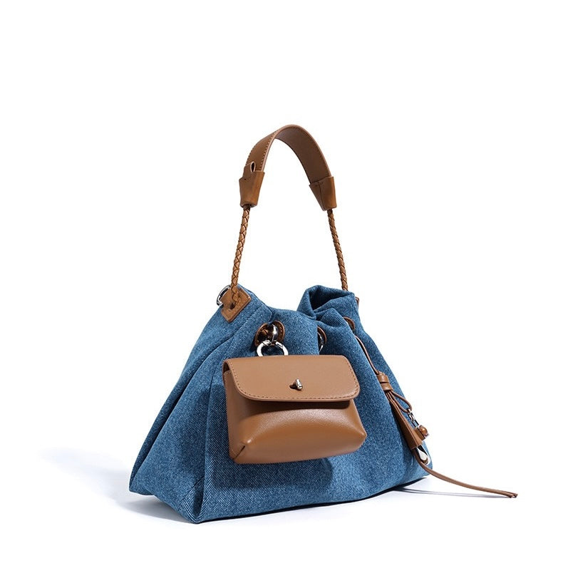 Genuine Leather and Denim Patchwork Hobo Bag