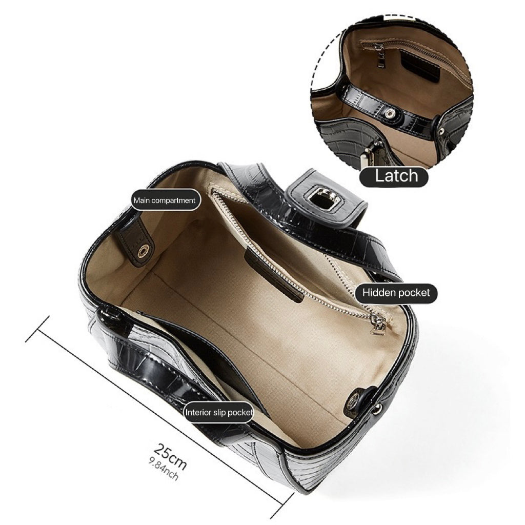 Croc-Embossed Luxury Leather Bucket Bag with Buckle Handle