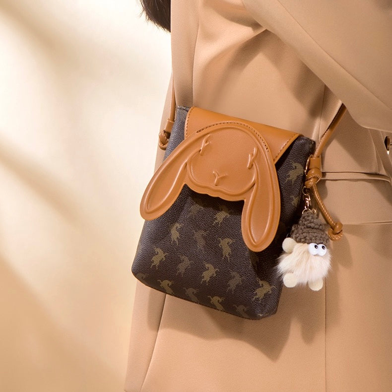 Vintage Rabbit Print Leather Crossbody Bag