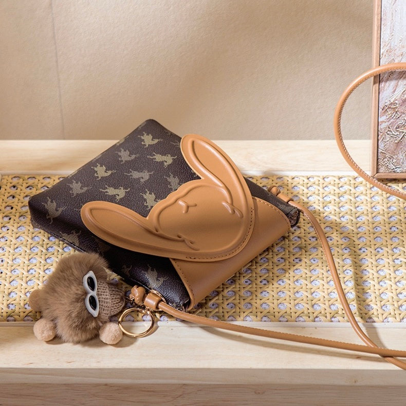 Vintage Rabbit Print Leather Crossbody Bag